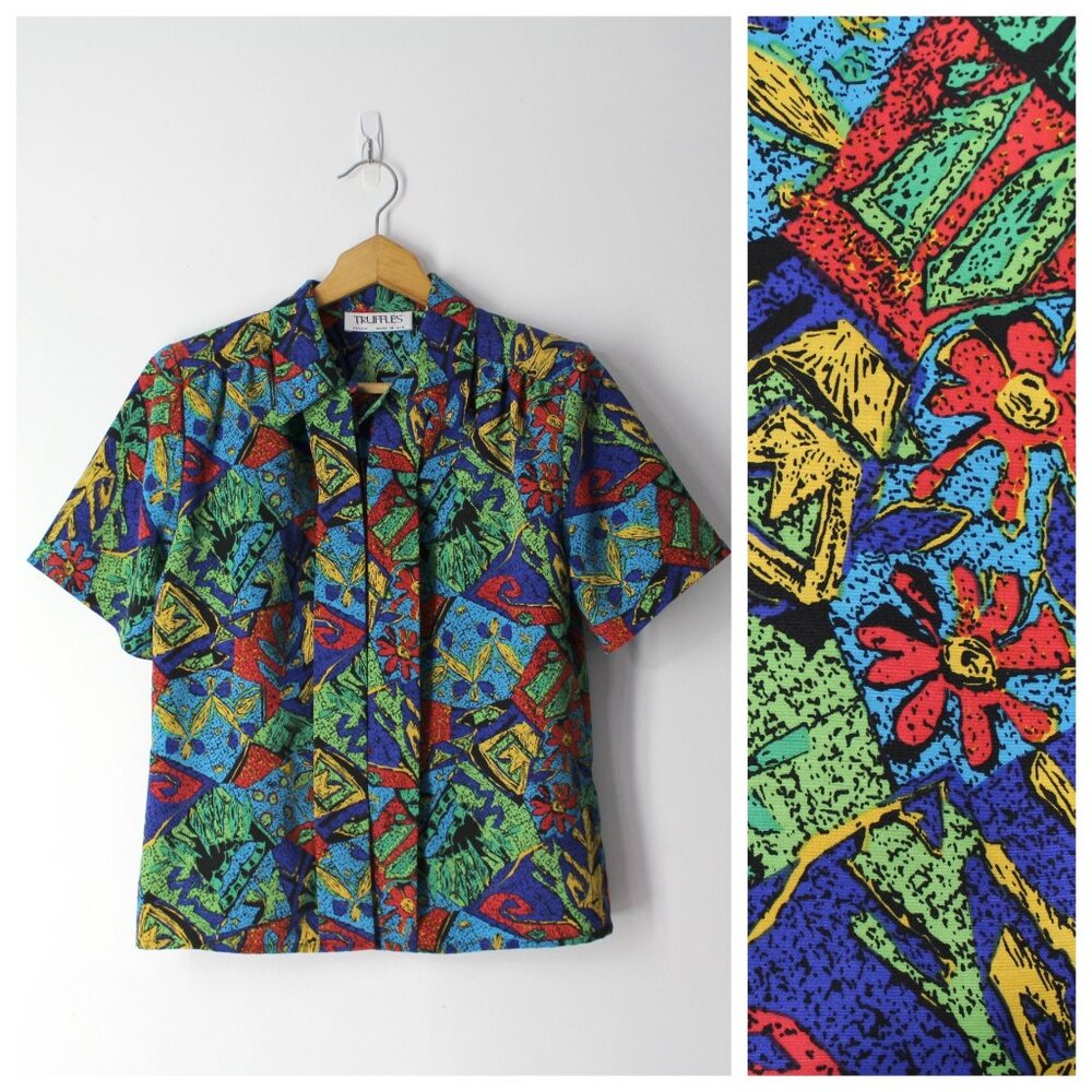 Truffles vintage 80' button down blouse top abstract retro print petite S M